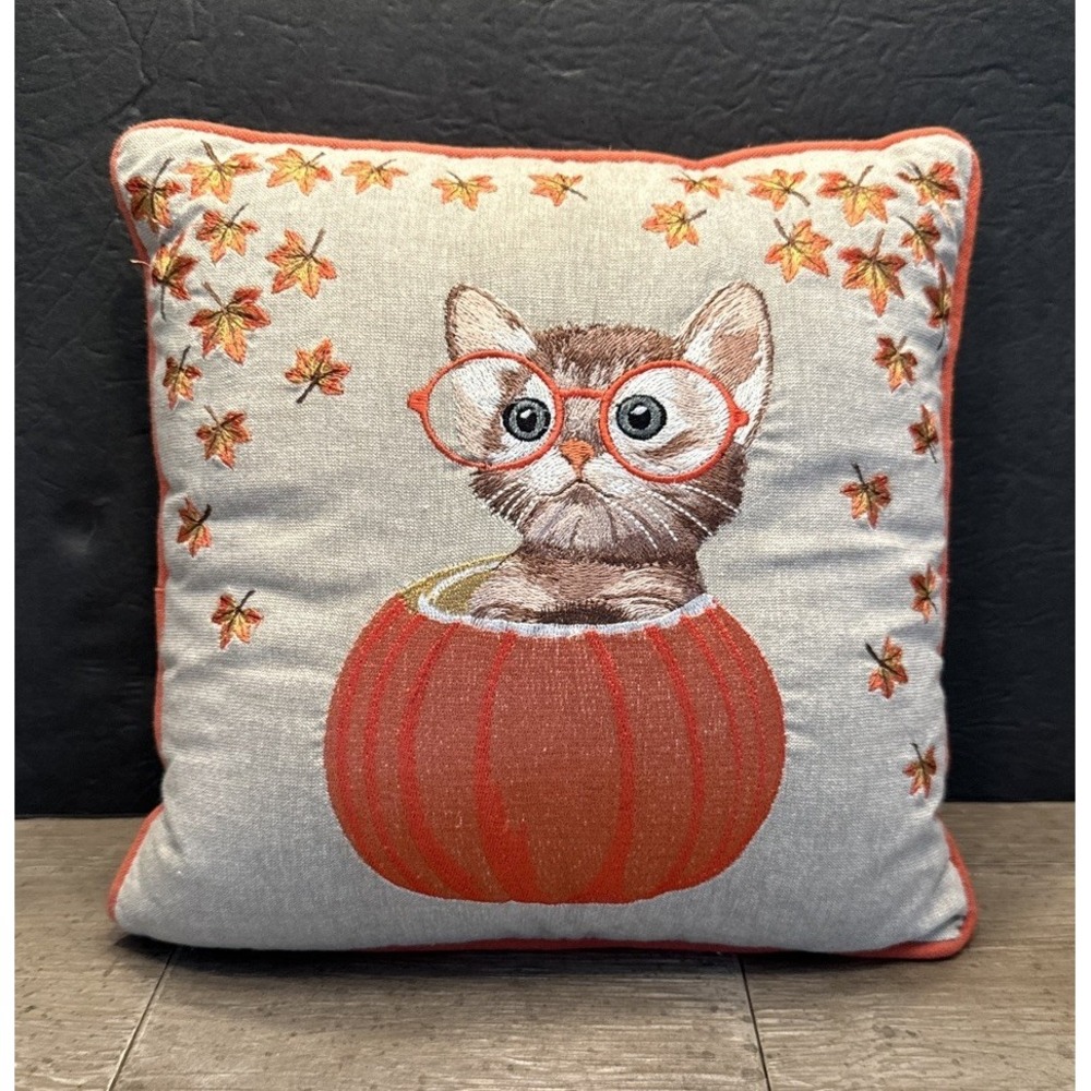 Pier 1 One Fall Halloween 12" Pillow Pumpkin Cat Kitty Glasses Leaves Embroidery